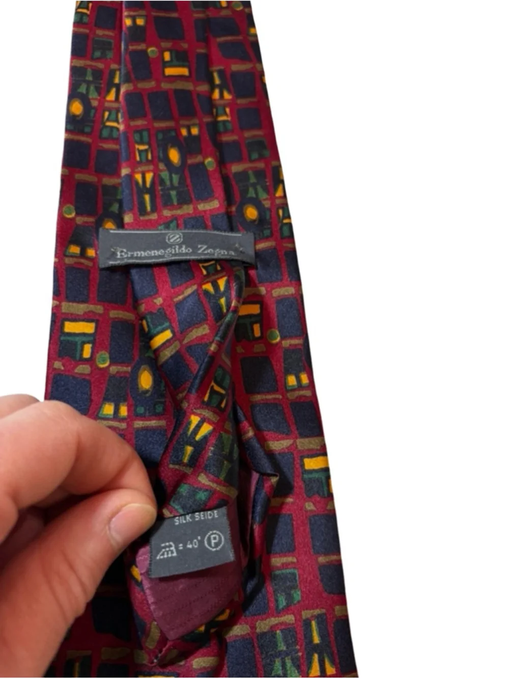 Ermenegildo Zegna Silk Tie Geometric Grid Red Navy Green Italy Luxury Designer